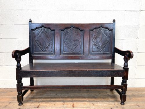 Antique Carved Oak Settle Bench