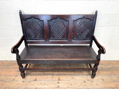 fig 1. Antique Carved Oak Settle Bench