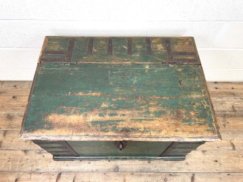 fig 1. Large Distressed Painted Metal Bound Trunk