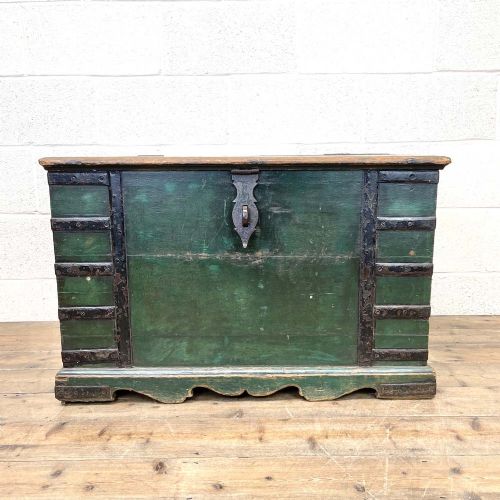 Large Distressed Painted Metal Bound Trunk