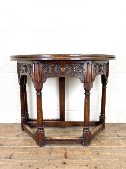 Carved Oak Fold-over Demi Lune Table