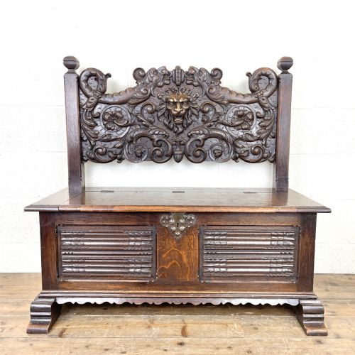 Antique Carved Oak Settle Bench with Storage