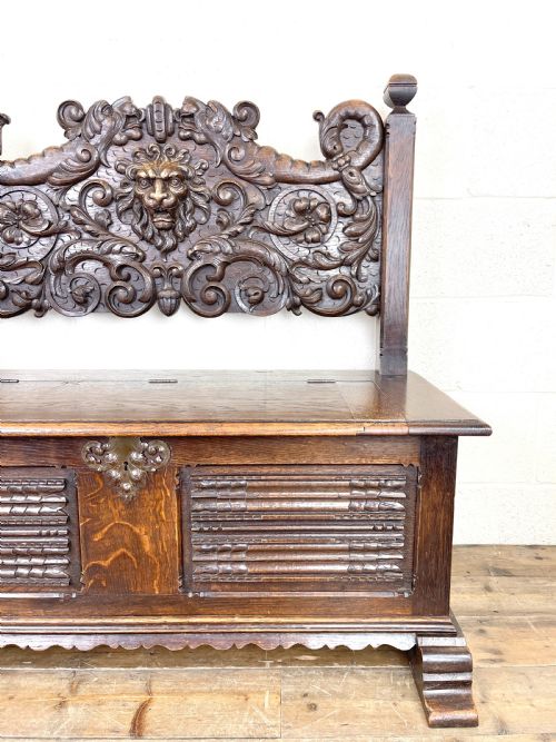 fig 1. Antique Carved Oak Settle Bench with Storage
