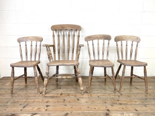 Four Rustic Spindle Back Farmhouse Chairs