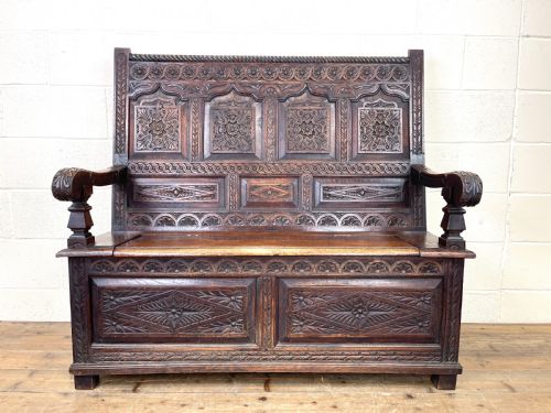 fig 2. Antique 19th Century Carved Oak Settle