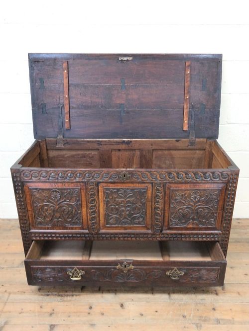 fig 2. ANTIQUE 18TH CENTURY CARVED OAK MULE CHEST