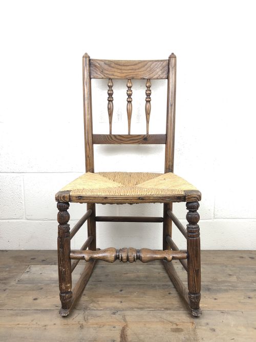 Antique Ash and Elm Rocking Chair with Rush Seat