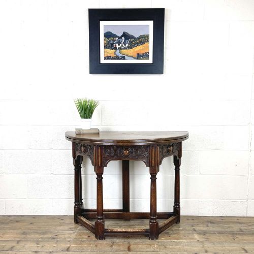 fig 1. ANTIQUE CARVED OAK FOLD-OVER DEMI LUNE TABLE