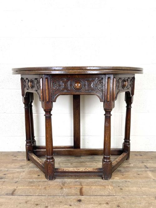 Antique Carved Oak Fold-over Demi Lune Table
