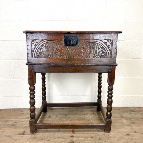 Antique Carved Oak Bible Box on Stand