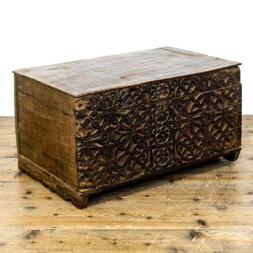 Antique Carved Oak and Deal Trunk