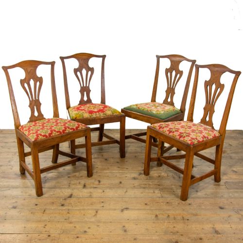 Set of Four Antique Elm Dining Chairs with Tapestry Seats