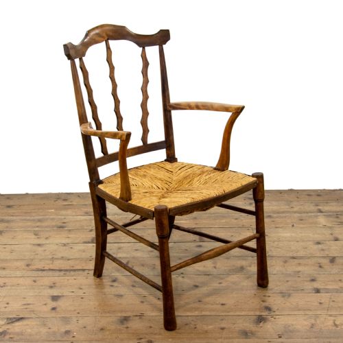 Antique Arts and Crafts Elm and Rush Elbow Chair
