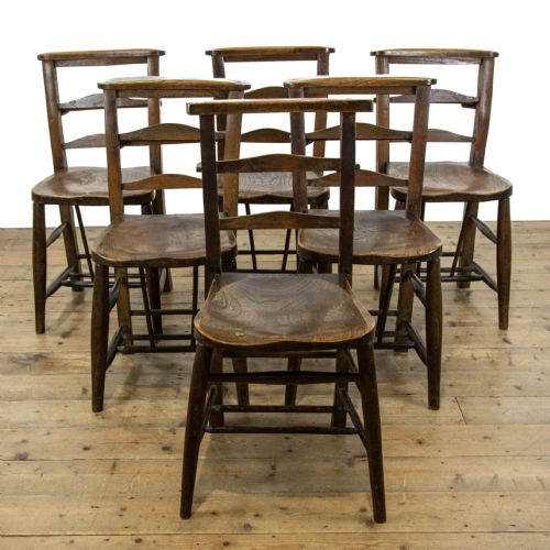 Set of Six Antique Elm Chapel Chairs