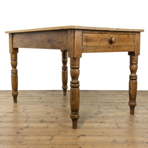 Antique Pine Farmhouse Kitchen Table with Drawer