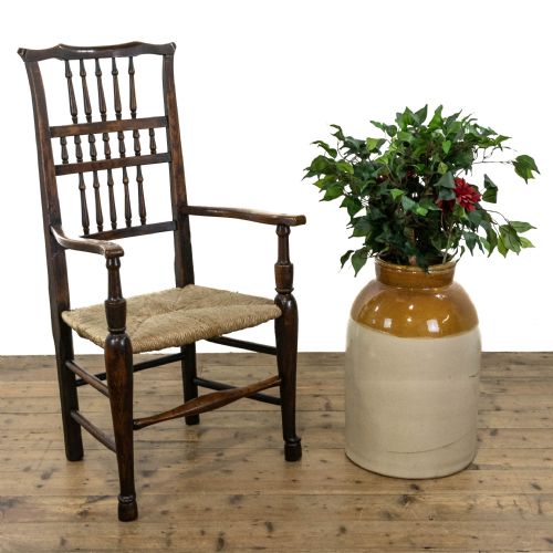 Antique Elm Elbow Chair with Rush Seat