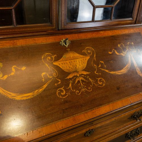 EDWARDIAN INLAID MAHOGANY FALL FRONT BUREAU WITH GLAZED TOP - ADDITIONAL PHOTO 3