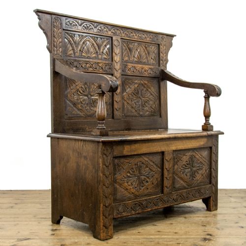 fig 1. Small Antique Oak Settle with Carved Back