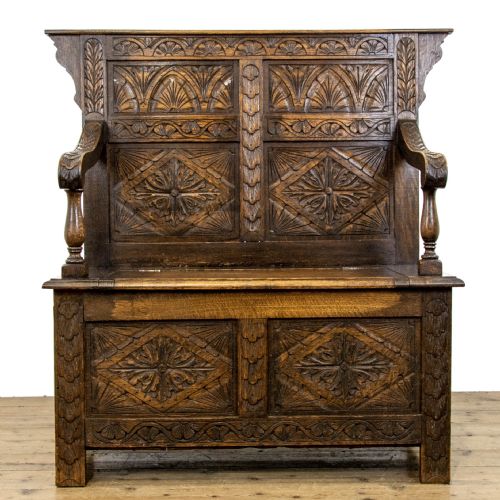 fig 2. Small Antique Oak Settle with Carved Back