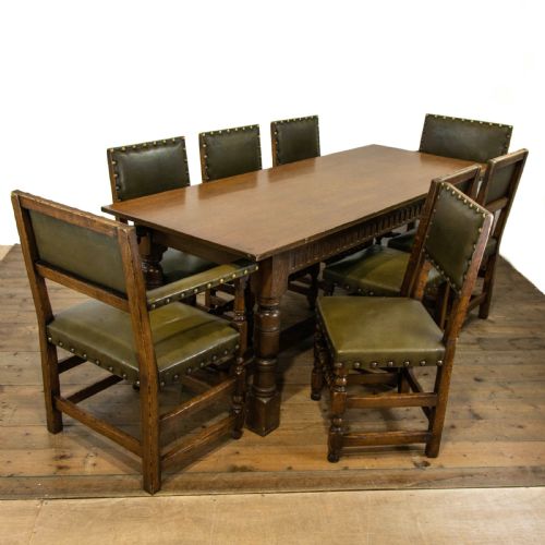 fig 1. Oak Dining Table with Set of Eight Leather Dining Chairs