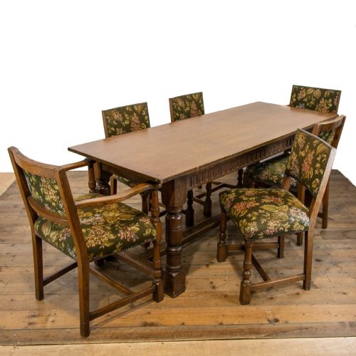 fig 1. Solid Oak Dining Table with Set of Six Upholstered Dining Chairs