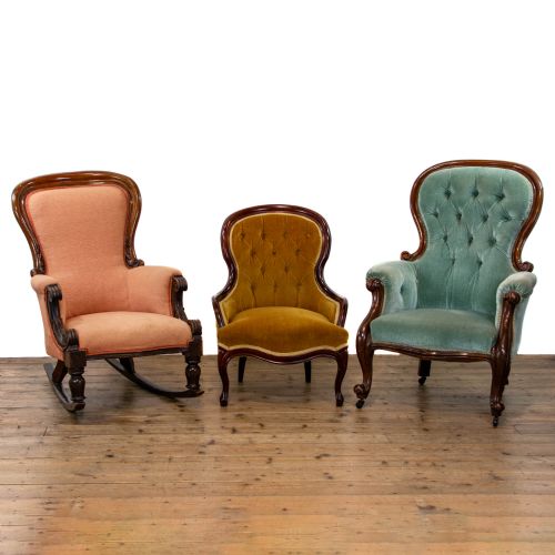 Harlequin Set of Three Victorian Balloon Back Armchairs