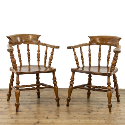 Pair of Antique Beech & Elm Captains Armchairs