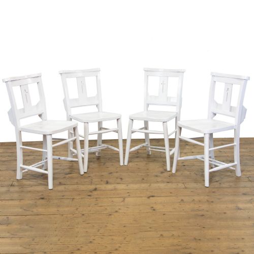 Set of Four White Painted Antique Chapel Chairs
