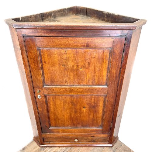 fig 1. An antique warm amber fruitwood corner cupboard featuring a panelled single door, a small lower drawer, and brass hardware.