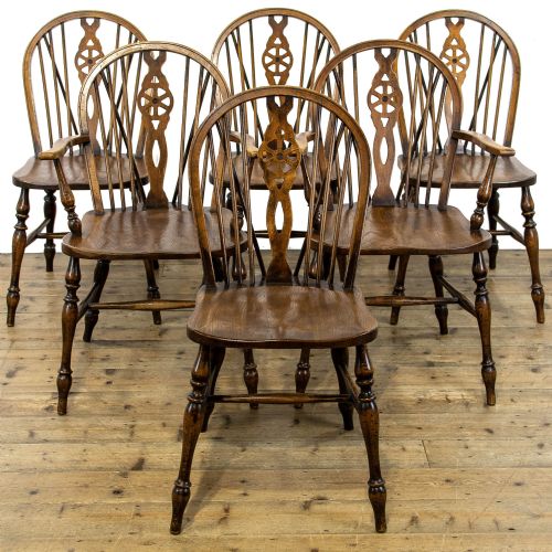Set of Six Antique Windsor Wheelback Kitchen Chairs