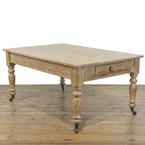 Large Antique Pine Kitchen Table on Castors