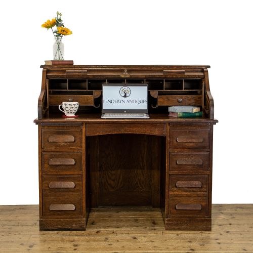fig 1. Antique Oak Pedestal Roll Top Desk