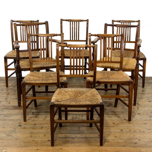 Set of Eight Antique Dining Chairs with Rush Seats