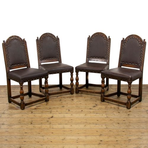 Set of Four Antique Oak and Leather Dining Chairs