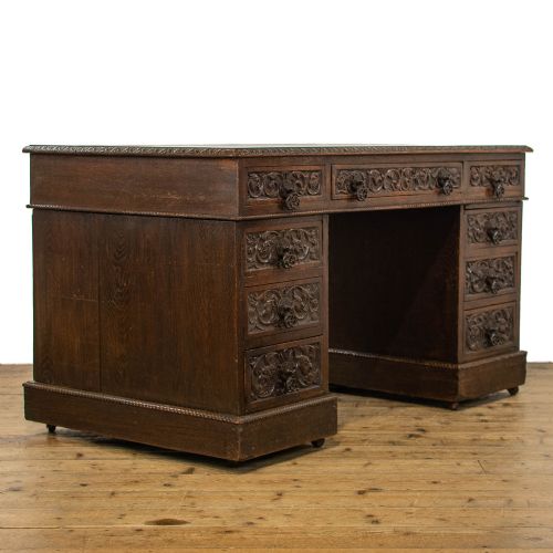 Antique Carved Oak Pedestal Writing Desk