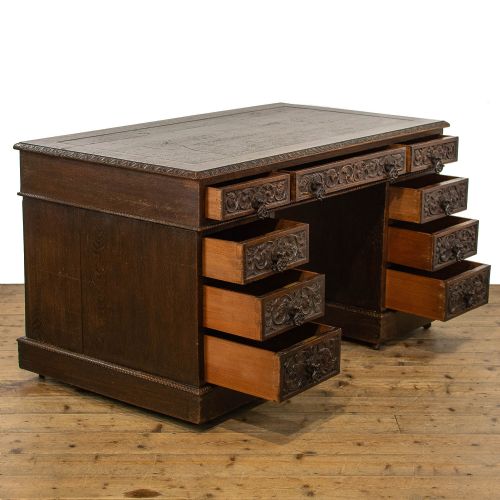 fig 1. Antique Carved Oak Pedestal Writing Desk