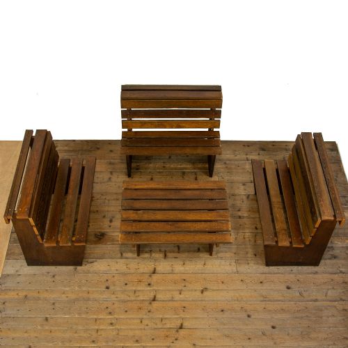 fig 1. Antique Set of Three Oak Benches with Matching Table