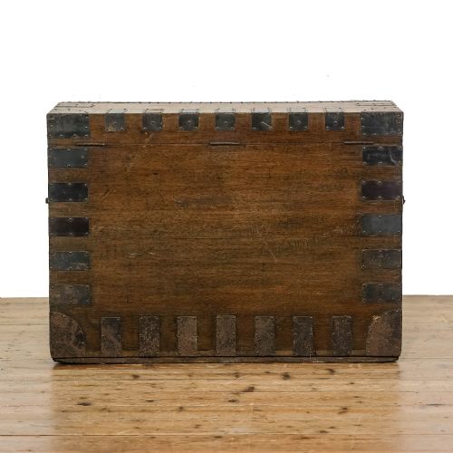 ANTIQUE OAK AND METAL BOUND TRUNK - ADDITIONAL PHOTO 4