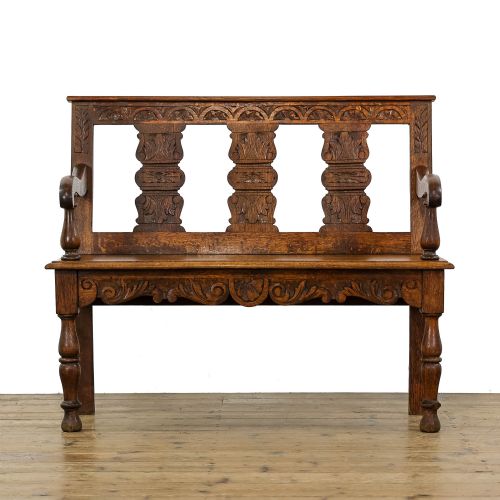 Antique Victorian Carved Oak Hall Bench