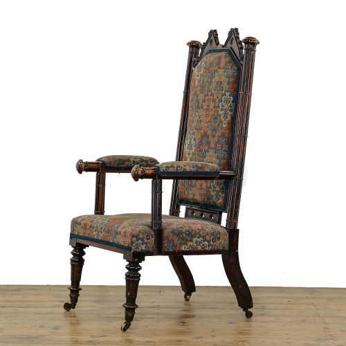 ANTIQUE 19TH CENTURY UPHOLSTERED GOTHIC ARMCHAIR