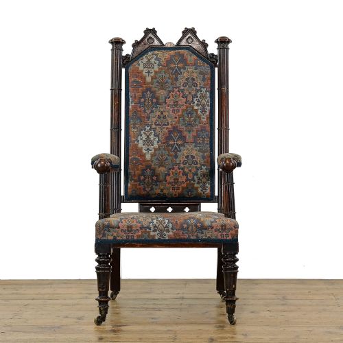 ANTIQUE 19TH CENTURY UPHOLSTERED GOTHIC ARMCHAIR - ADDITIONAL PHOTO 1