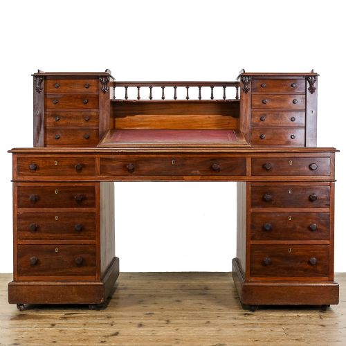 Large Antique Oak Sloped Twin Pedestal Desk