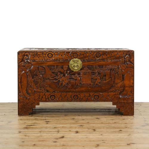ANTIQUE EARLY 20TH CENTURY ORIENTAL CARVED CAMPHOR WOOD TRUNK - ADDITIONAL PHOTO 2