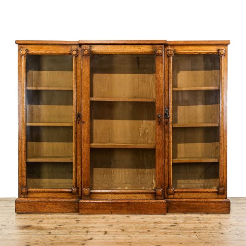 Antique Late Victorian Oak Breakfront Glazed Bookcase
