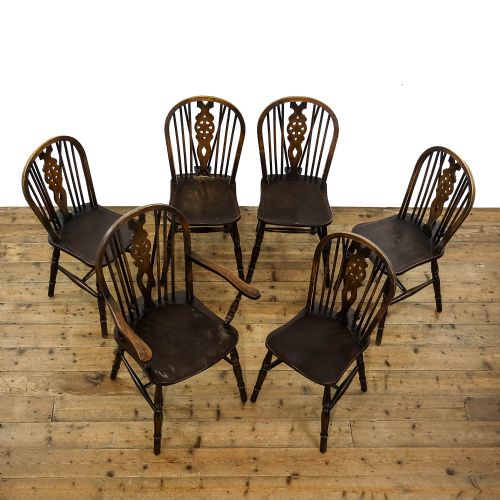 fig 1. Set of Six Antique Elm Wheelback Kitchen Chairs