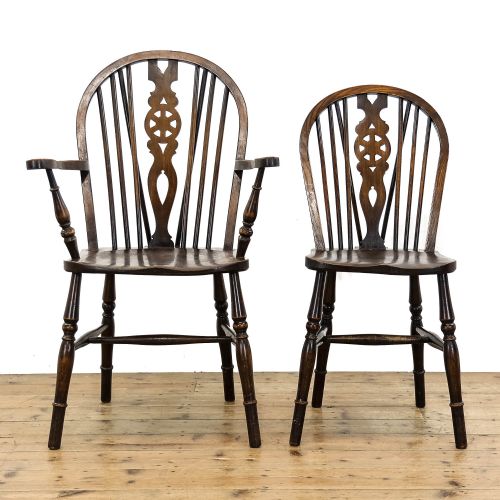 fig 2. Set of Six Antique Elm Wheelback Kitchen Chairs