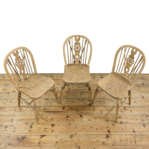 fig 1. Three Antique Pine Wheelback Kitchen Chairs