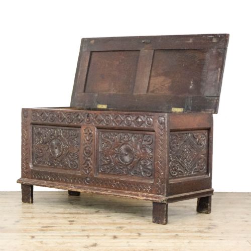 ANTIQUE 19TH CENTURY OAK CARVED COFFER - ADDITIONAL PHOTO 2
