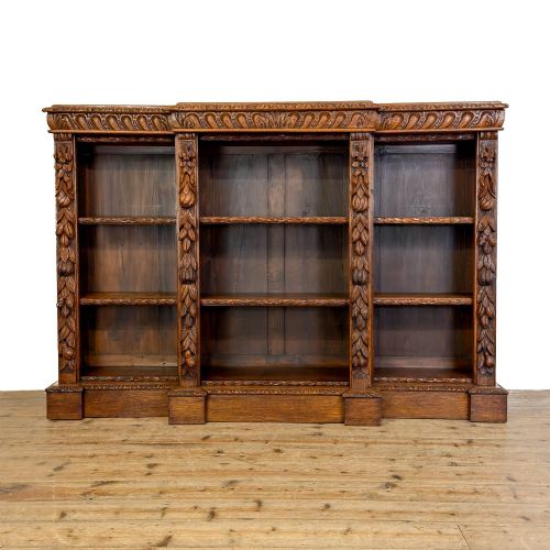Antique Victorian Carved Oak Breakfront Bookcase