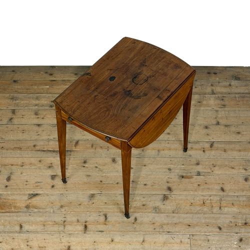 fig 1. A 19th-century mahogany Pembroke table featuring two curved drop leaves, a single drawer with round brass knobs, and four square tapered legs on castors.